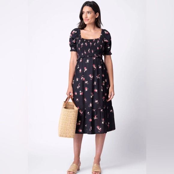 Seraphine Smocked Ditsy Floral Nursing Maternity Short Sleeve Midi Dress Black 6 - Picture 1 of 14